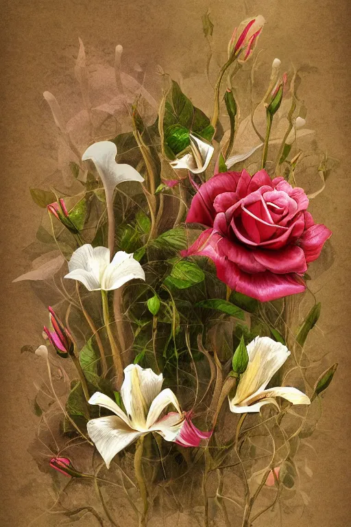 Prompt: beautiful digital matter cinematic painting of whimsical botanical illustration of roses and lilies mushrooms enchanted dark background, whimsical scene bygreg rutkowki artstation
