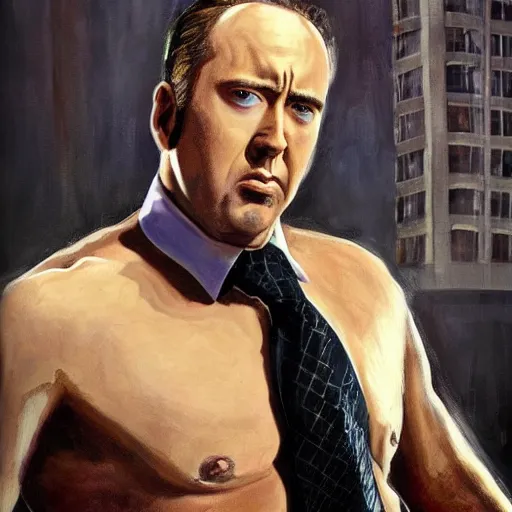 Prompt: nic cage as lex luther, buff, painted portrait, highly detailed,