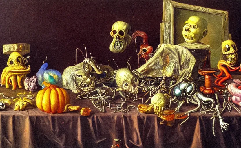 Image similar to disturbing colorful oil painting dutch golden age vanitas still life with bizarre humanoid faces strange objects shiney gooey surfaces shiny metal bizarre insects rachel ruysch dali todd schorr very detailed perfect composition rule of thirds masterpiece canon 5 0 mm, cinematic lighting, photography, retro, film, kodachrome