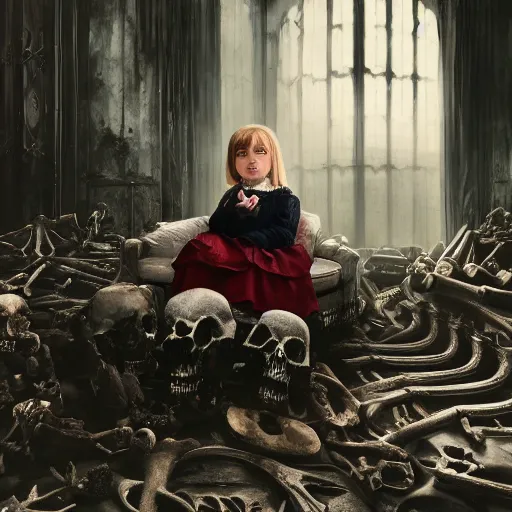 Image similar to a color photo of young sad victorian gothic child with big eyes and wide grin sitting on a sofa of bones surrounded by a cyber futuristic cityscape made of human body parts, ultra detailed, 8 k resolution, beautiful lighting, expansive detailed layered city, landscape, sigma 8 5 mm, award winning photography, perfect faces