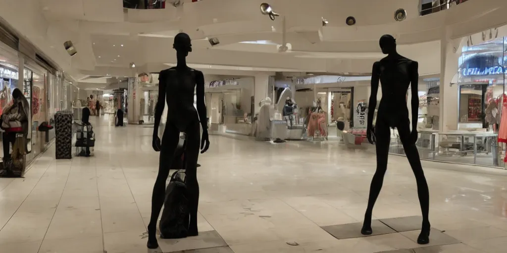 Image similar to a horror movie in a mall ; a mannequin is transforming into flesh, its face is in pain, it is half alive, half of the body is plastic the other half is flesh, the background is misty, cinematic still, 4 k, dramatic, eerie, cinema lighting, low light, realistic
