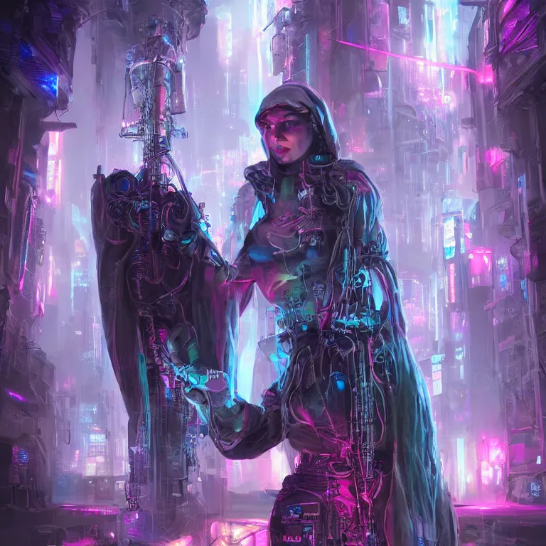 Prompt: futuristic priestess in a hooded robe full of cables and neons, cyberpunk, gothic, fantasy, science fiction, character concept art, matte painting, hyperdetailed, realistic, creepy, atmospheric, cinematic, kinemacolor