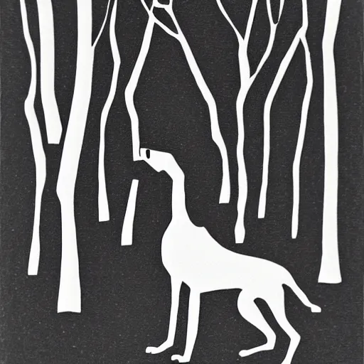 Image similar to minimalist linocut, black and white, greyhound in a forest