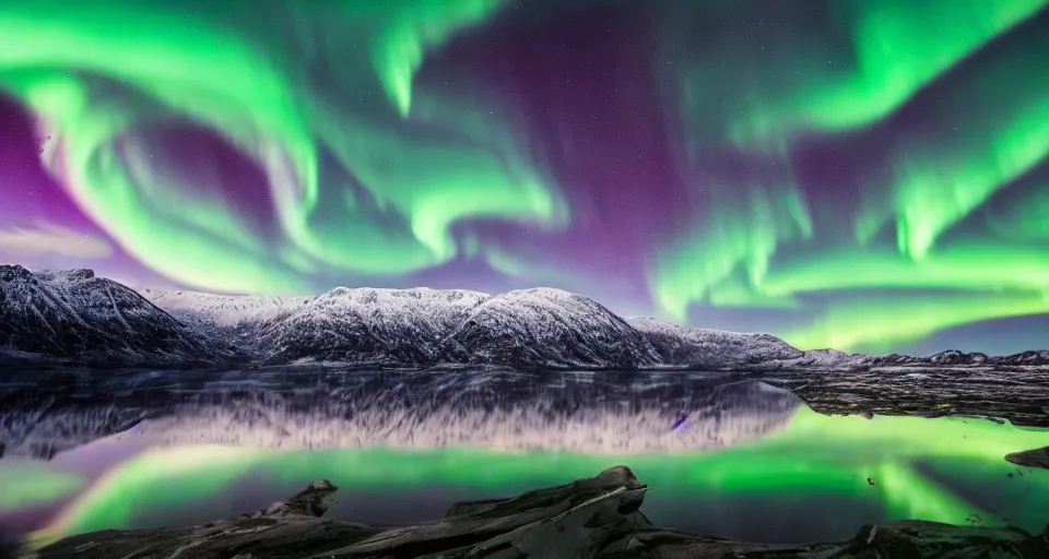 Image similar to a Norwegian fjord surrounded by mountains at night with the northern lights overhead, trees on the mountain sides, completely still mirror water reflecting the surroundings