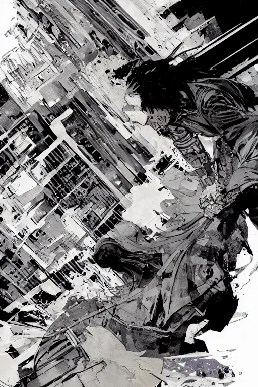 Prompt: full page illustration, tetsuo rips apart the Chrysler building Katsuhiro Otomo, Phil hale, Mike Mignola, 8k, hd, high resolution print