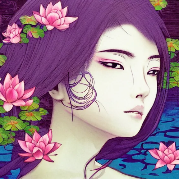 Image similar to landscape， stencil, anime, traditional Japanese, beautiful portrait of a girl surrounded by flowers, half of her body in a lotus pond,by artgerm， by Førtifem, digital art, purple color scheme