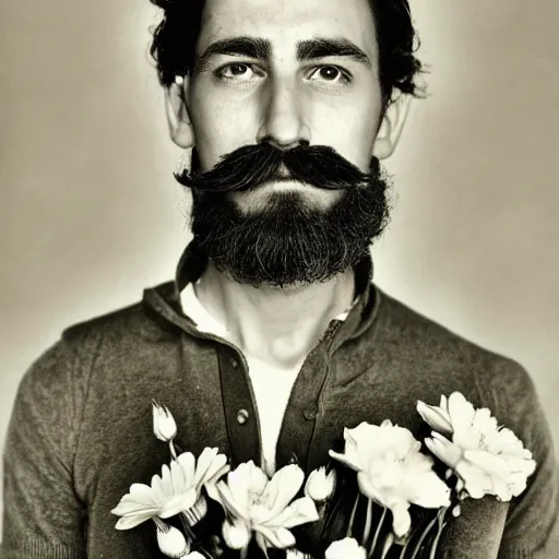 Prompt: photo portrait of a man with a moustache no beard standing in front of flowers, tumblr contest winner, aestheticism, masculine, aesthetic