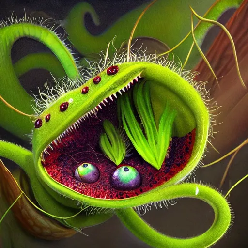 Prompt: cute anthropormorphic furry carniverous plants venus fly trap with very big open eyes and big teeth detailed painting 4 k