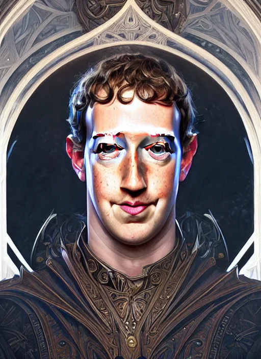 Prompt: symmetry!! portrait of mark zuckerberg, fantasy, medieval wear, intricate, elegant, highly detailed, digital painting, artstation, concept art, smooth, sharp focus, illustration, art by artgerm and greg rutkowski and alphonse mucha