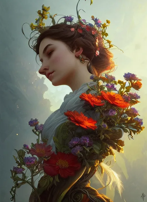 Image similar to a beautiful bouquet of wild flowers, deep focus, d & d, fantasy, intricate, elegant, highly detailed, digital painting, artstation, concept art, matte, sharp focus, illustration, hearthstone, art by artgerm and greg rutkowski and alphonse mucha