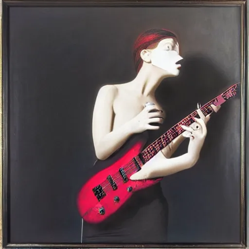 Image similar to Goth girl playing electric guitar by Mario Testino, oil painting by Gottfried Helnwein, masterpiece