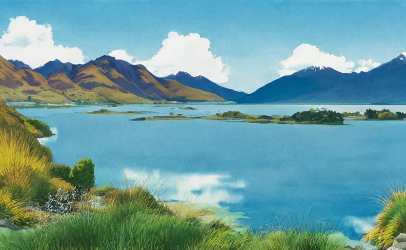Prompt: scenery of Lake Wānaka, summer palette, by Studio Ghibli, Hayao Miyazaki