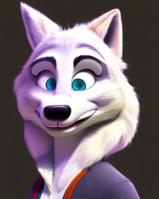 Prompt: portrait of cute anthropomorph white wolf in the style of zootopia, volumetric light, artstation, concept art, 8 k, high detail, perfect