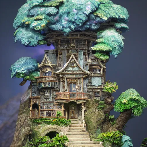 Prompt: a beautiful hyperrealistic detailed miniature diorama of a magical mansion from studio ghibli, by jordan grimmer and hayao miyazaki and adolf hira, crepuscular ray, vibrant, wide angle, epic, dappled sunlight, vast, trending on artstation, cgsociety, intricate, atmospheric lighting, unreal engine, 8 k resolution, ultrafine detail, octane render