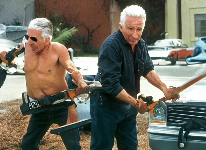 Image similar to film still of Leslie Neilsen with a chainsaw in the new Weekend at Bernies movie, 8k