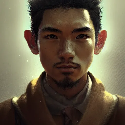 Prompt: Portrait of Peruvian man, atmospheric lighting, intricate detail, cgsociety, ambient light, dynamic lighting, anime style by Yusuke Kozaki