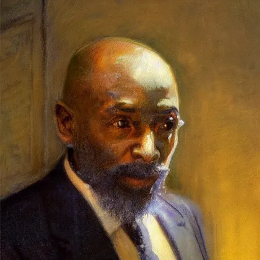 Prompt: a painting of a thinker without facial hair, thoughtful, focused, visionary, calm, jovial, loving, fatherly, generous, elegant well fed elder with few eyebrows and his on from Kenya by Henry Ossawa Tanner . dramatic angle, ethereal lights, details, smooth, sharp focus, illustration, realistic, cinematic, artstation, award winning, rgb , unreal engine, octane render, cinematic light, macro, depth of field, blur, red light and clouds from the back, highly detailed epic cinematic concept art CG render made in Maya, Blender and Photoshop, octane render, excellent composition, dynamic dramatic cinematic lighting, aesthetic, very inspirational, arthouse.