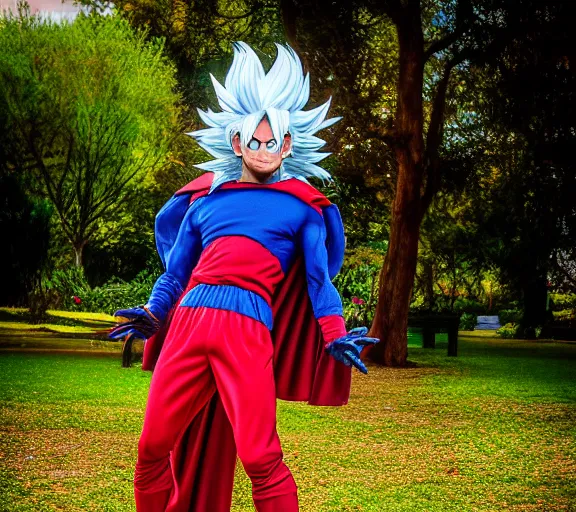 Image similar to portrait photo of mr bean as super saiyan, in a park by luis royo. soft light. sony a 7 r iv