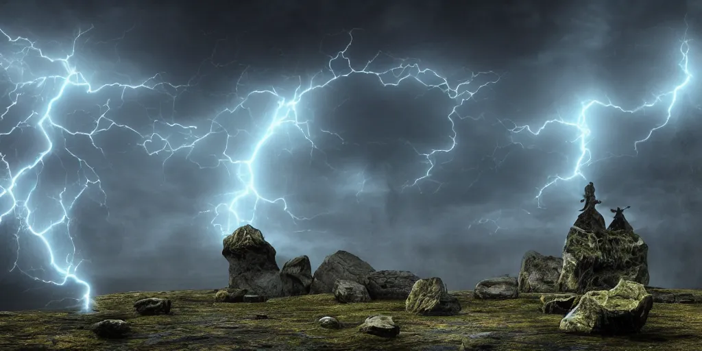 Image similar to Photorealistic strange dark monks perform a magical occult ritual, in an epic landscape with magical illuminated symbols floating above them. Magically floating rocks, with ominous storm clouds, strange levitating stones, stones falling from the sky, a gentle rising mist. occult photorealism, UHD, amazing depth, glowing, golden ratio, 3D octane cycle unreal engine 5, volumetric lighting, cinematic lighting, cgstation artstation concept art