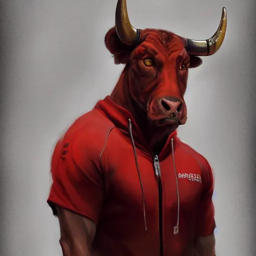 Image similar to a award winnimg commission portrait of a fit anthro bull wearimg a red tracksuit,digital art,art by greg rutkowski,character design by charles bowater,professional character design,ross tran,artstation,deviantart,photorealistic,detailed face,hyperdetailed,4k