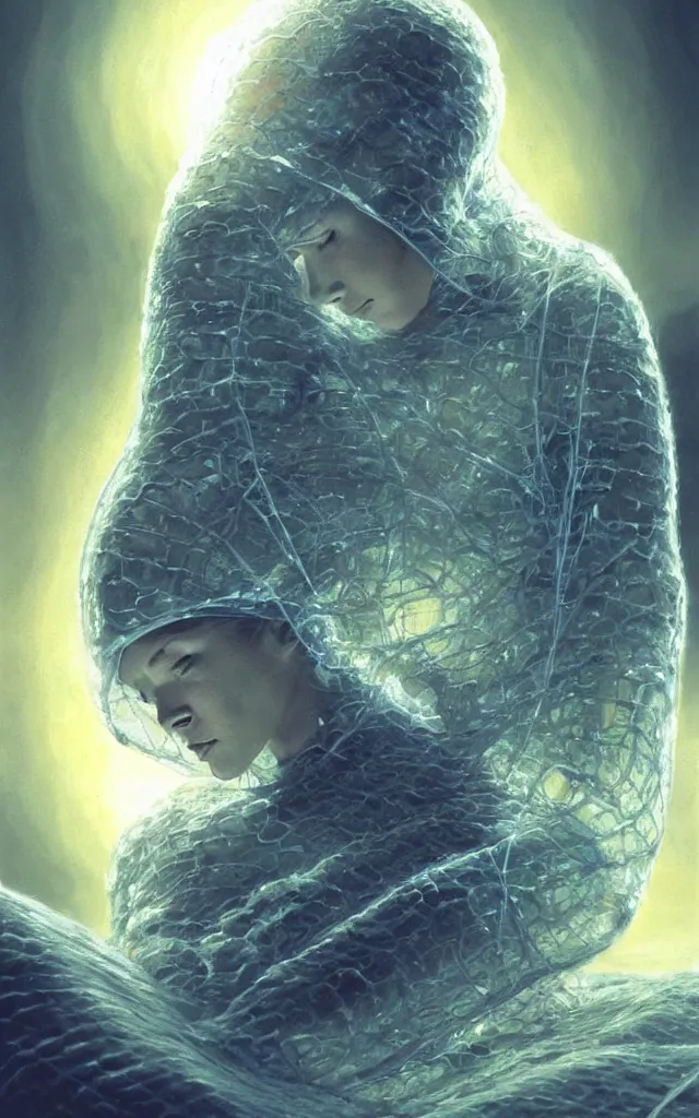 Prompt: human wrapped in a neural cyber cocoon plugged spirit machine, perfect future, award winning scifi art