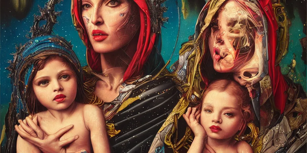 Image similar to portrait of Madonna and Child ,8k,by tristan eaton,Stanley Artgermm,Tom Bagshaw,Greg Rutkowski,Carne Griffiths, Ayami Kojima, Beksinski, Giger,trending on DeviantArt,face enhance,hyper detailed,minimalist,cybernetic, android, blade runner,full of colour, super detailed