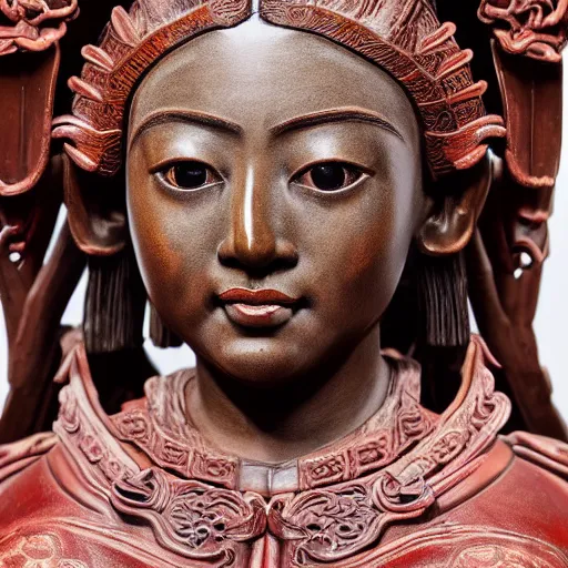 Prompt: museum angeline joile portrait statue monument made from chinese porcelain brush face hand painted with iron red dragons full - length very very detailed intricate symmetrical well proportioned