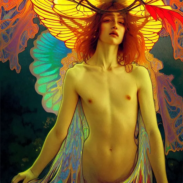 Prompt: psychedelic transcendent young face mind bending psychedelic wings of glossy liquid honey flowing like kaleidoscopic translucent holograph, lsd feathers, honey wind, enlightenment, high contrast dappled lighting, refracted sunset, highly detailed, concept art, art by collier, albert aublet, krenz cushart, artem demura, alphonse mucha