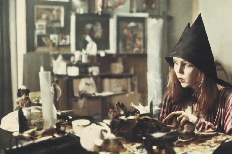 Image similar to polaroid 1 9 8 0's photo, close up portrait, dramatic lighting, concentration, calm confident teen witch and her cat with tarot card on the table in front of her, incense smoke fills the air, a witch hat and cape, apothecary shelves in the background, still from harry potter