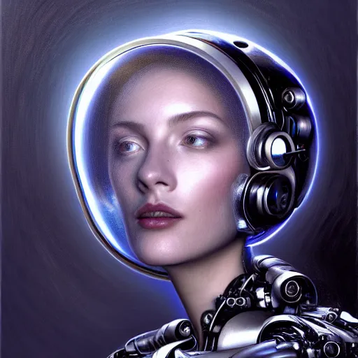 Image similar to portrait of the beautiful young robotic pilot of jets, surreal, fantasy, intricate, mechanical, elegant, dramatic lighting, emotionally evoking symbolic metaphor, highly detailed, gears, lifelike, photorealistic, digital painting, painterly, artstation, concept art, smooth, head in focus, sharp focus, background aerial battle, illustration, art by John Collier and Krenz Cushart and Artem Demura and Alphonse Mucha and Albert Aublet,