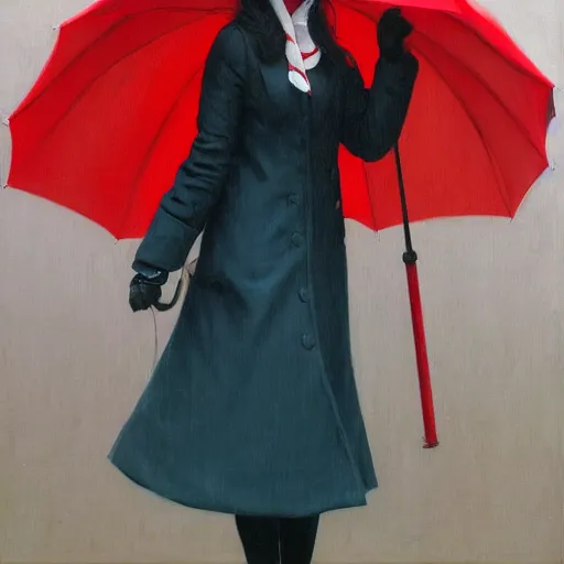 Prompt: woman with red coat and cyan umbrella, gerald brom