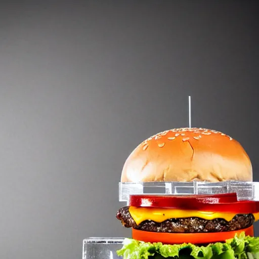 Image similar to a clear ice sculpture of a burger, 4 k