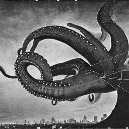 Image similar to old black and white photo, 1 9 1 3, depicting dieselpunk giant octopus attacking new york, historical record, tentacles around