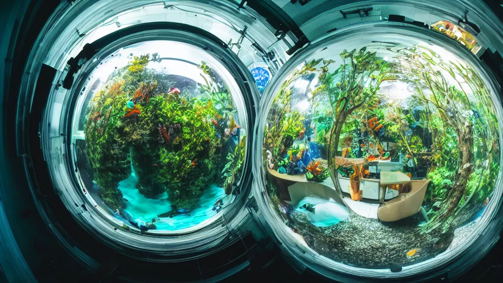 Prompt: of a Fisheye lens photo of a room taken from inside a spherical aquarium.