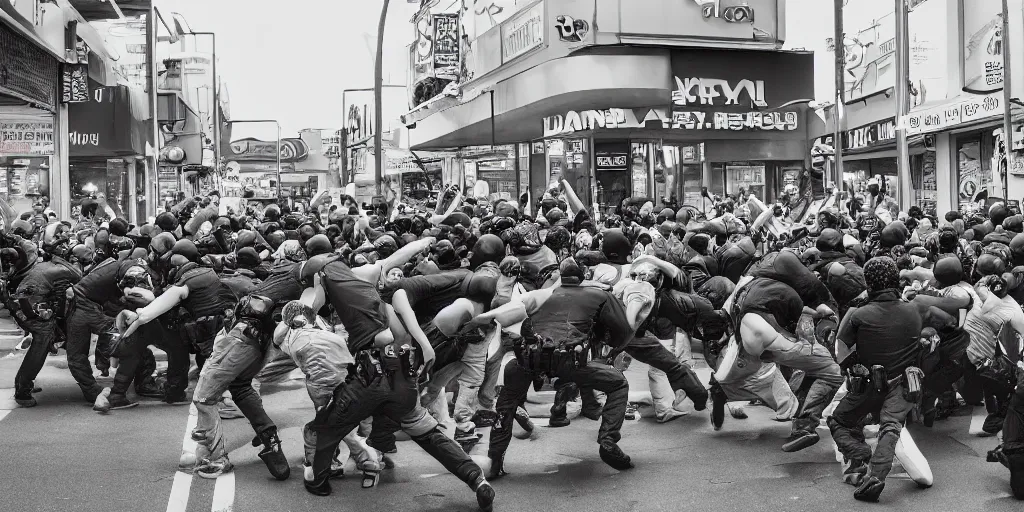 Prompt: crowd of crazy people attacking a crowd of cops in front of stores in lo angeles, photorealism, professional lighting, lighting from streetlights, photo with japanese chill style, conceptual art