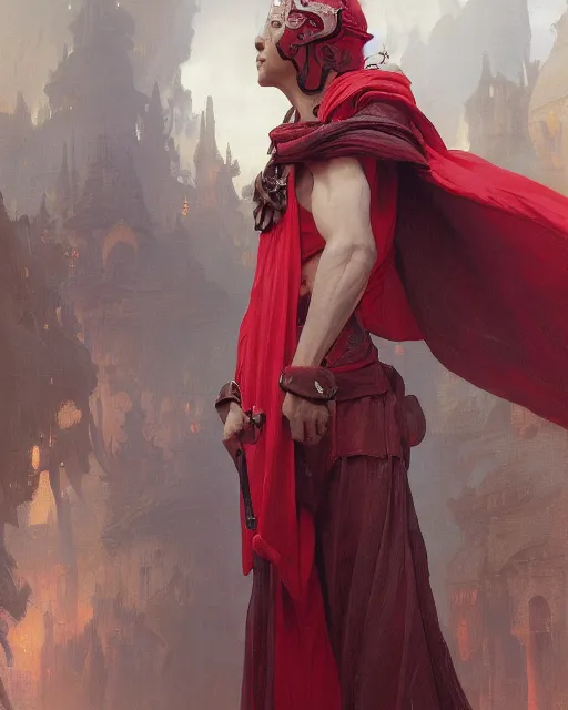 Image similar to A Full View of a Red Wizard wearing a robe and ornate armor. Mage. Magus. Jack of all trades. masterpiece 4k digital illustration by Ruan Jia and Mandy Jurgens and Artgerm and greg rutkowski and Alexander Tsaruk and WLOP and william-adolphe bouguereau, award winning, Artstation, art nouveau aesthetic, Alphonse Mucha background, intricate details, realistic, panoramic view, Hyperdetailed, 8k resolution, intricate art nouveau