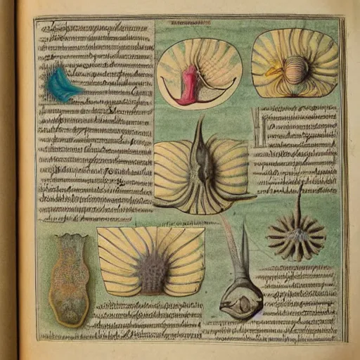 Prompt: “ a page from a 1 9 th century manuscript depicting biological illustrations of newly discovered nudibranchs ”