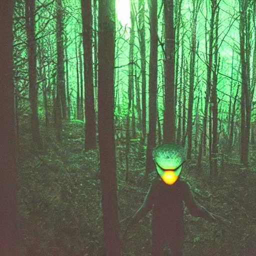 Prompt: nighttime trail-cam photo of an alien in the forest