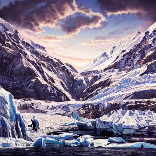 Prompt: idyllic masterpiece of glacial festivity in the skirts of star mountains in Antarctica, quarrel of mountain Monarch gods, cinematic, establishing shot, extremely high detail, photorealistic, cinematic lighting, intricate line drawings, 8k resolution