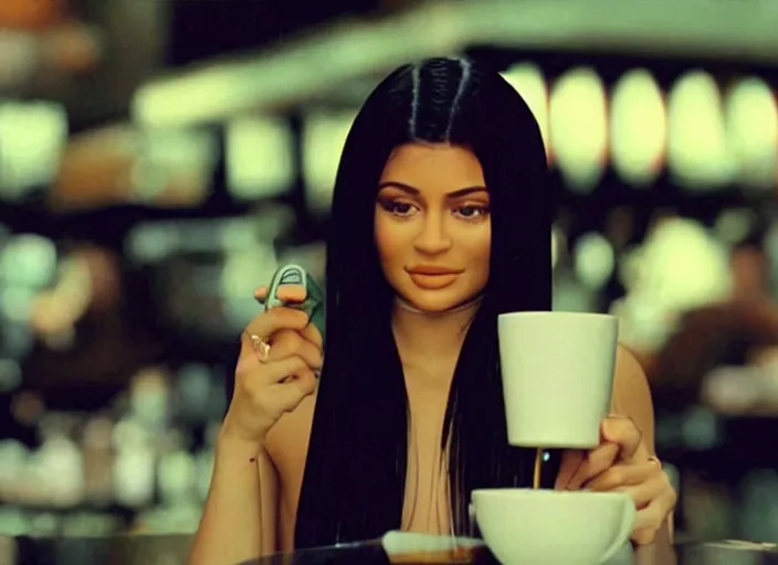 Prompt: a close - up, color cinema film still of kylie jenner drinking coffee at a starbucks, ambient lighting at night, from matrix ( 1 9 9 9 ).