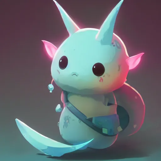 Image similar to cyan cute spirit axie pet hits by tail, fantasy, studio ghibli, clean cel shaded vector art, style artstation, style greg rutkowski, octane render, unreal engine 6, epic game graphics, fantasy, conceptual art, ray tracing