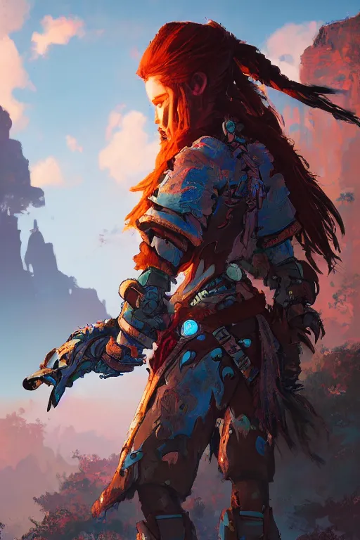 Image similar to combination suit armor aloy horizon forbidden west horizon zero dawn radiating a glowing aura global illumination ray tracing hdr fanart arstation by ian pesty and alena aenami artworks in 4 k tribal robot ninja mask helmet backpack