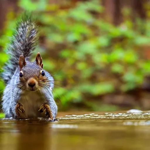 Prompt: a squirrel running in the water, fast shutter speed, high speed, action photo, 1 / 1 0 0 0 sec shutter, fish - eye lens