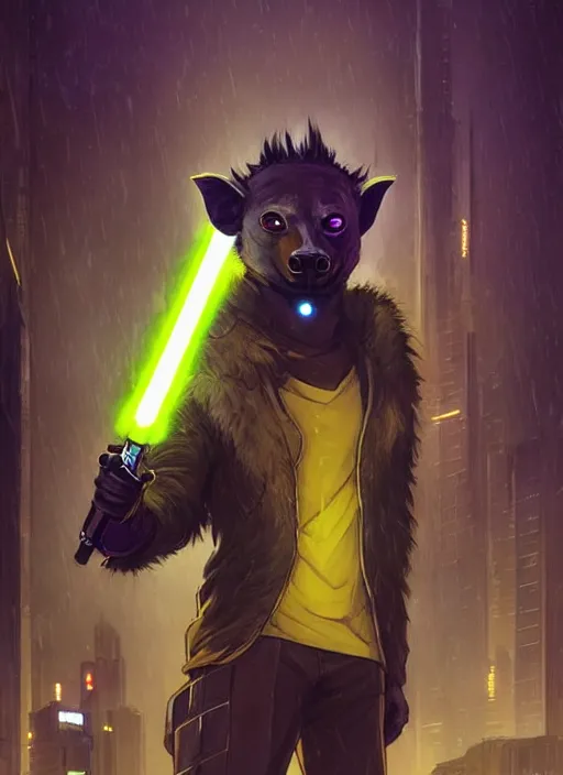 Prompt: beautiful portrait commission of a male furry anthro hyena fursona wearing cyberpunk jedi robes and wielding a yellow lightsaber in his left hand. Cyberpunk city at night in the rain. character design by charlie bowater, ross tran, artgerm, and makoto shinkai, detailed, inked, western comic book art