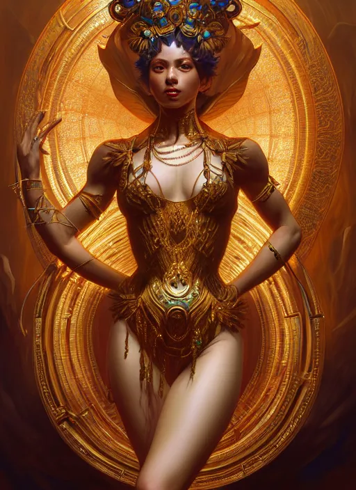 Image similar to strong and powerful goddess dancer of the underworld, shiny, intricate, elegant, highly detailed, ultra definition, digital painting, artstation, vray, concept art, smooth, high speed photography, illustration, art by artgerm and greg rutkowski and alphonse mucha and james jean