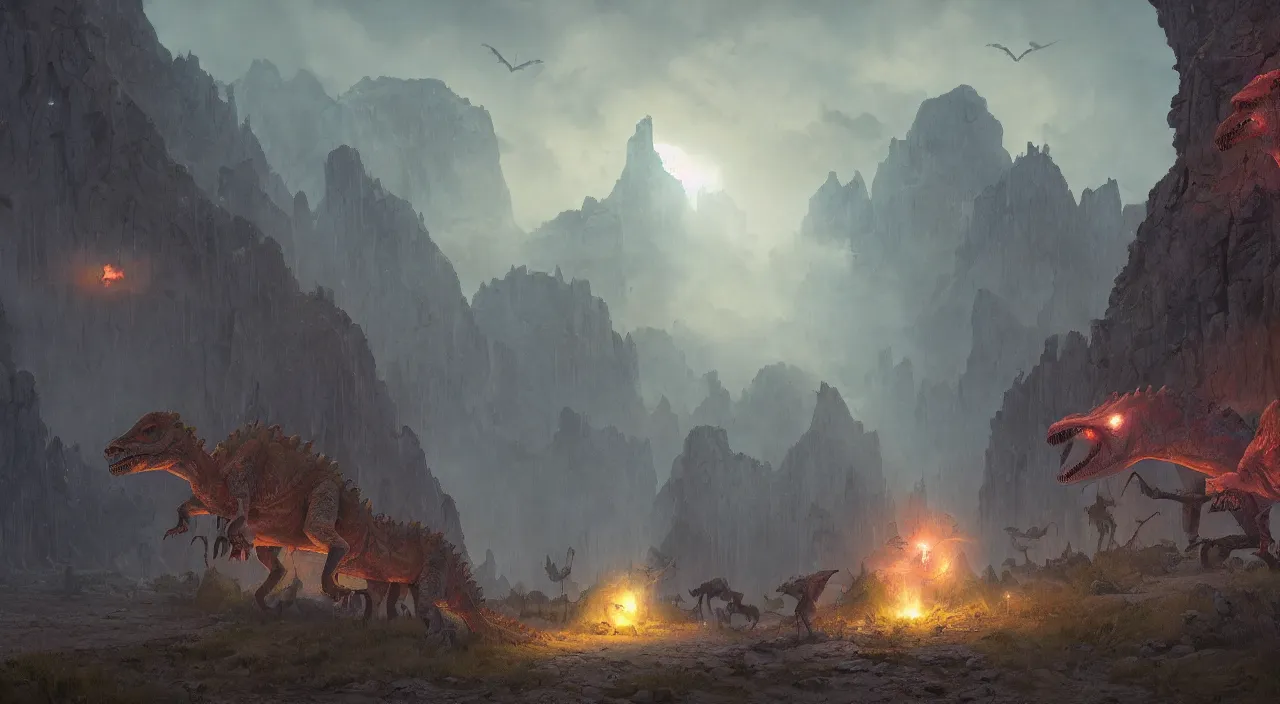 Image similar to technicolor dinosaurs, glowing with magic, surrounded by slate grey walls, matte painting, fantasy art, concept art, greg rutkowski, james gurney, johannes voss, hasui kawase.