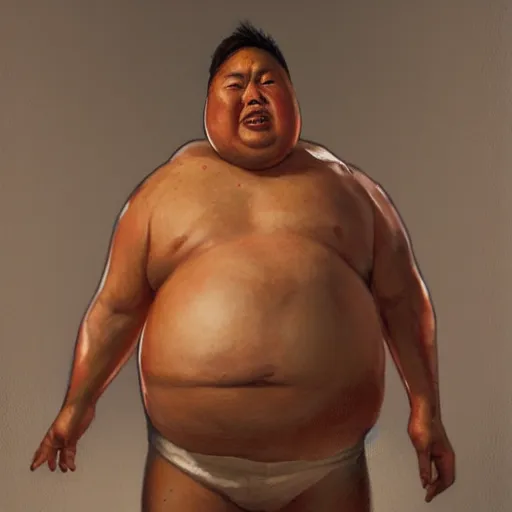 Image similar to hyper realistic, portrait of filipino dwight shrute, extremely obese painted by greg rutkowski, wlop, loish,