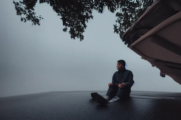 Prompt: Photo of a man sitting on the car roof in the heavy rain at the city that sank , outdoor lighting, dynamic lighting, volumetric, wide angle, anamorphic lens, go pro, 4k