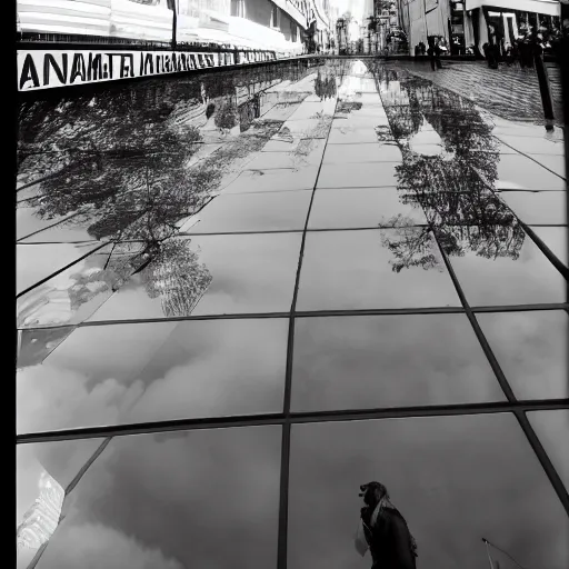 Prompt: lomography street photo wide angle clouds high contrast reflection, optical illusion