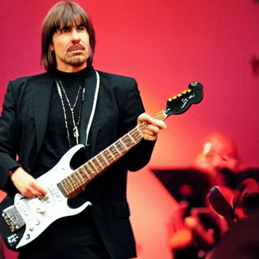 Image similar to dr brian cox thrashing his electric guitar on stage